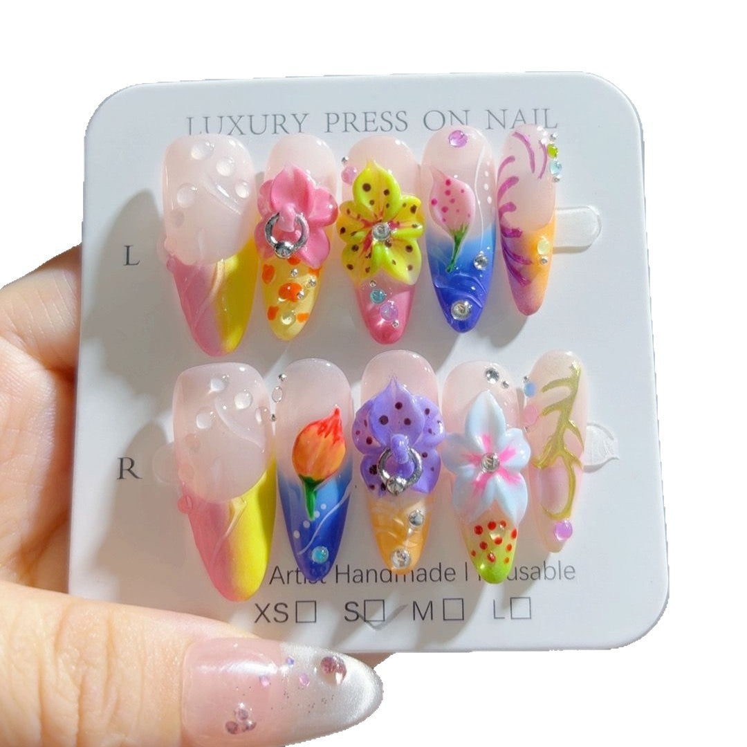 Fantaisie féerique : "Floraison jardin arc-en-ciel" – long forme amande multicolore floral, ongles press-on fait main