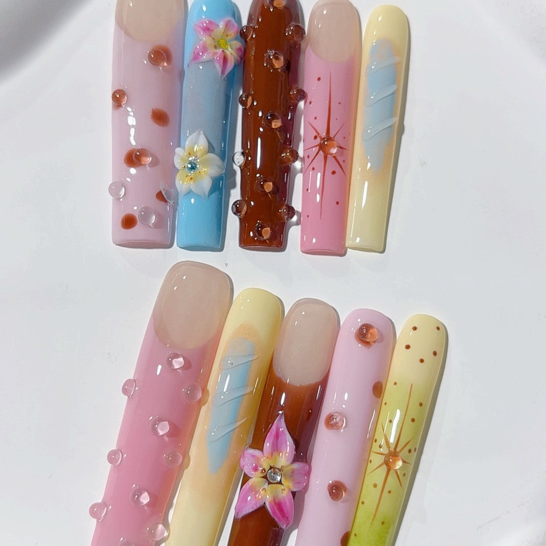 Sweet Amber Floral Gradient Crystal Art Press On Nail Set