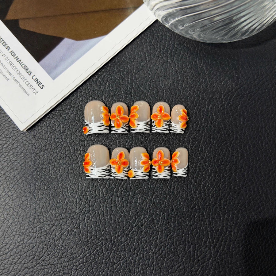 365nails: "Sahara Bloom" – 3D Orange Flower & Animal Print Handmade Short Square Nails