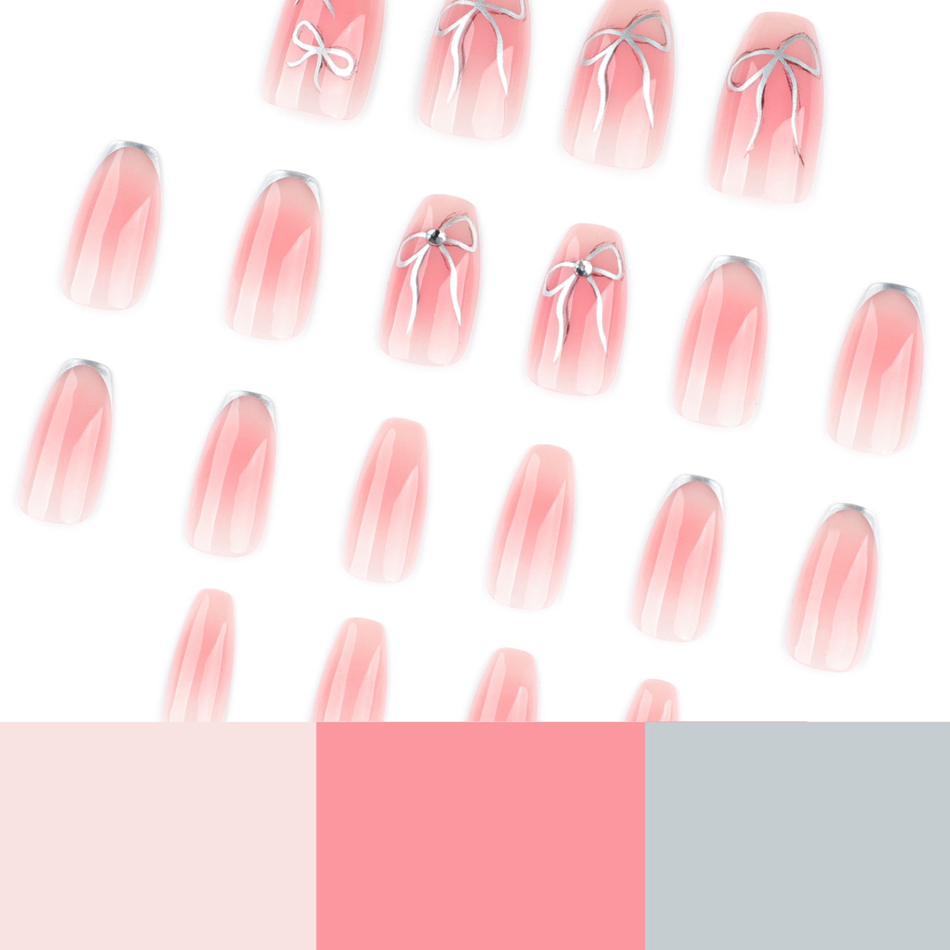 Conjunto de unhas postiças rosa nude com laço prateado