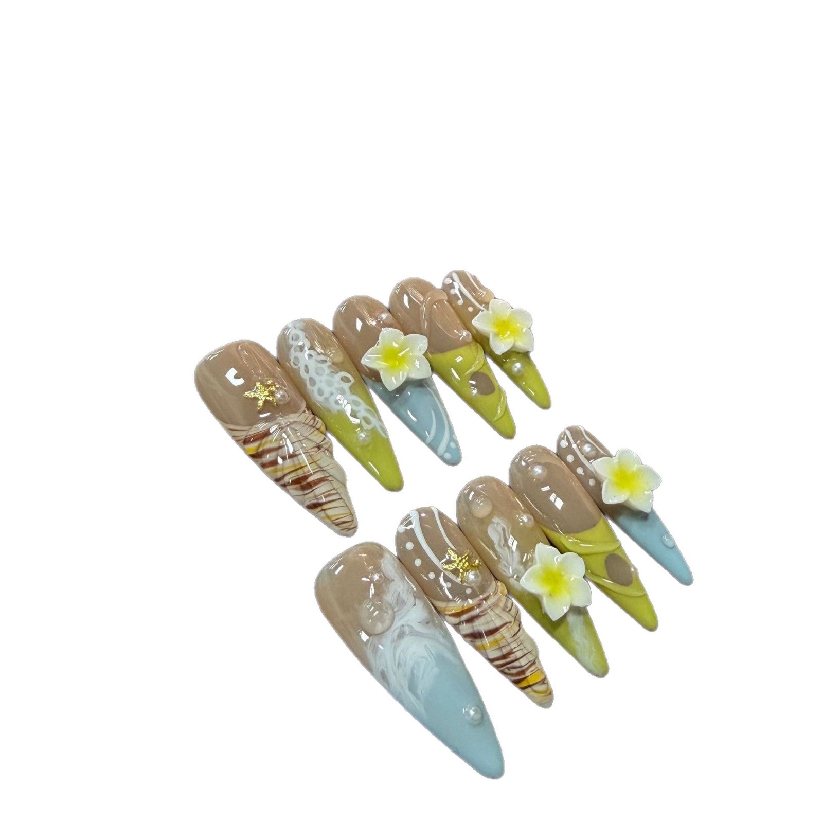365nails : « Floraison tropicale » — ongles press-on fait main, forme stiletto, 3D floral et effet marbre