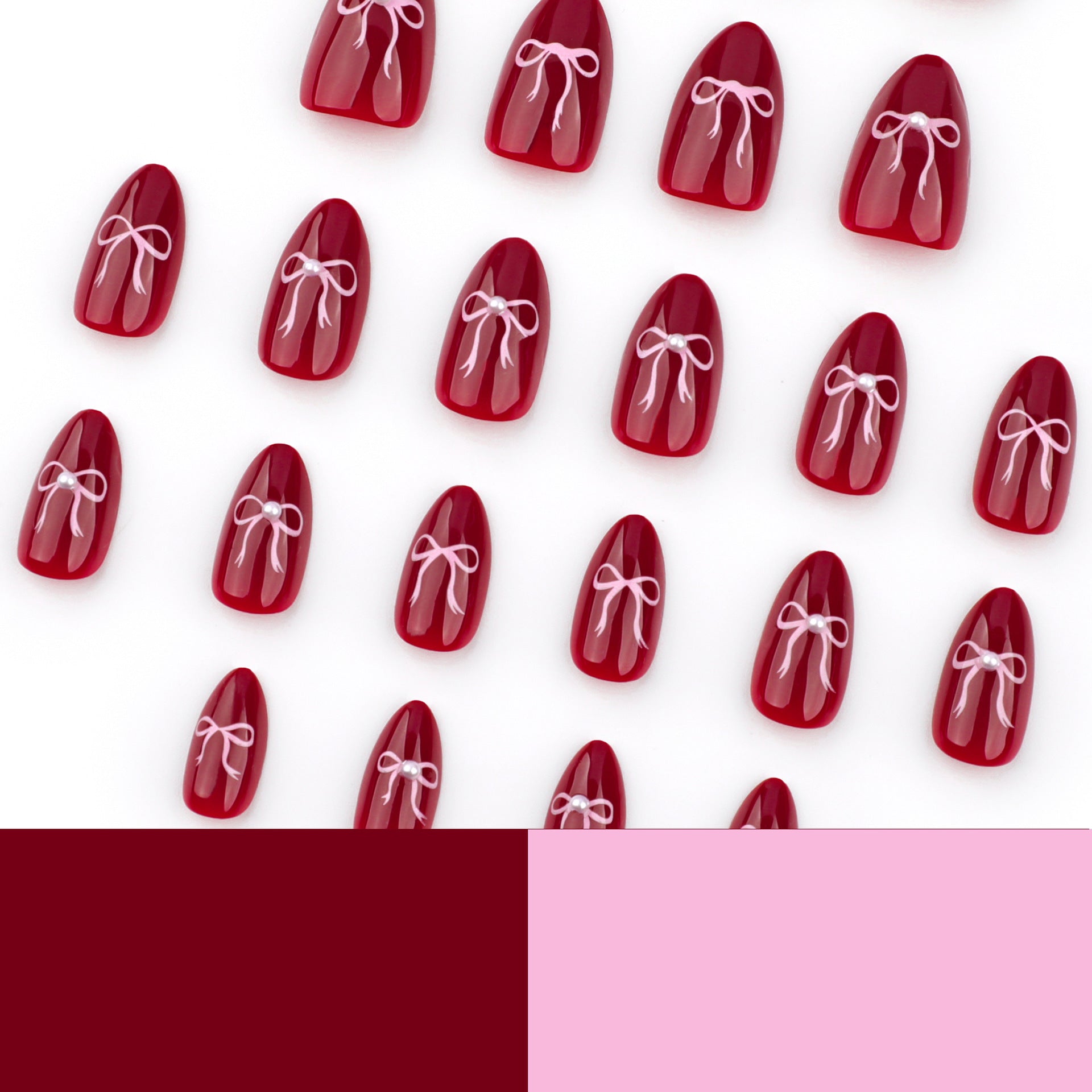 Uñas rojas para San Valentín, uñas de Año Nuevo, uñas con lazo rosa, uñas postizas sencillas y atractivas, láminas para uñas ｜365nails