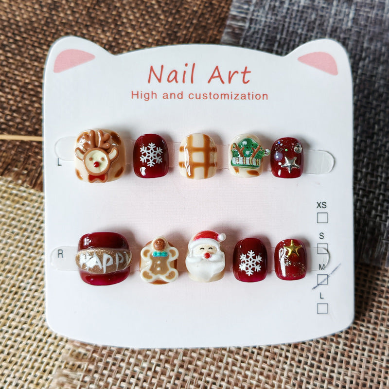 365nails-Christmas Kids Series: "節日聖誕老人與馴鹿" – 短款方形兒童穿戴甲