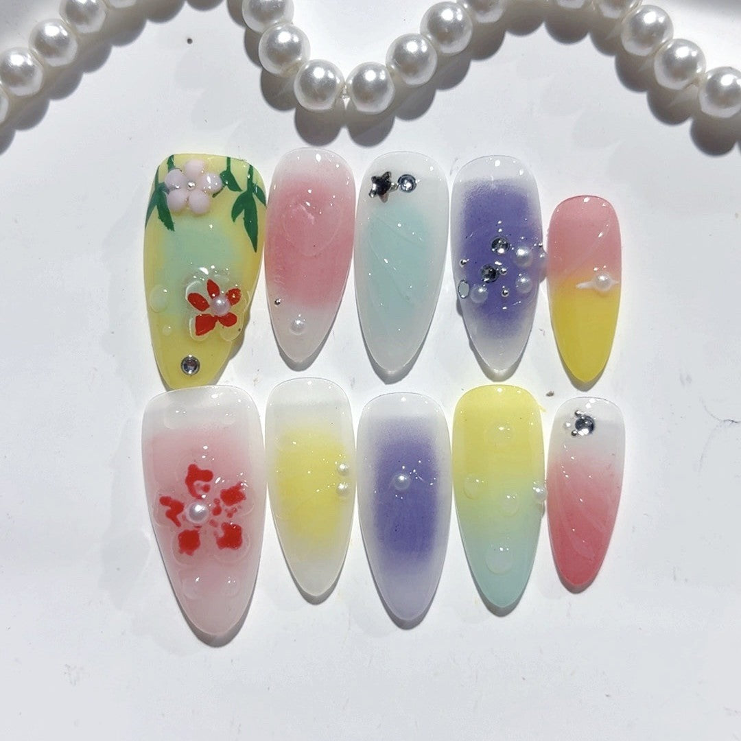 Rainbow Bloom: "Candy Garden" – Unhas Postiças de Amêndoa