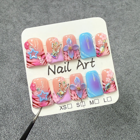 Duck bill nail Symphony leopard print three-dimensional engraved nail art patch Ice through sweet press-on nails pure handmade｜365nails