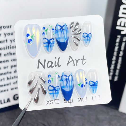 Handmade Press-on Nails Blue Hand-painted Cherry   Summer Ice Through Wear Fake Nails Wholesale｜365nails