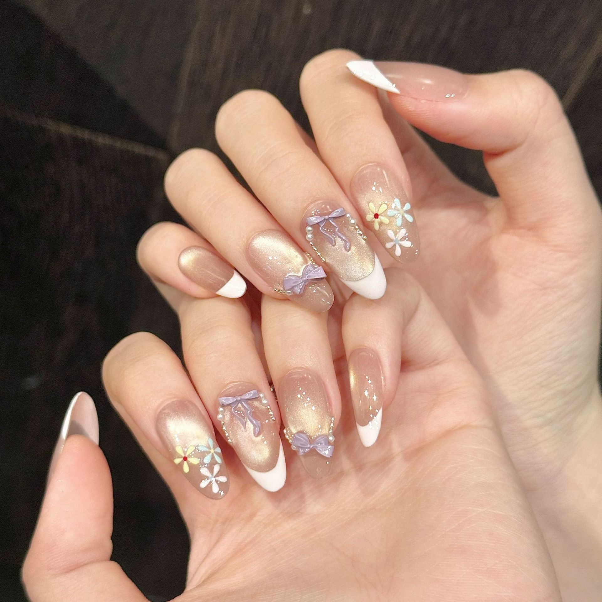 365nails: "Garden Party" – 3D Floral Bow French Tip Handmade Almond Nails