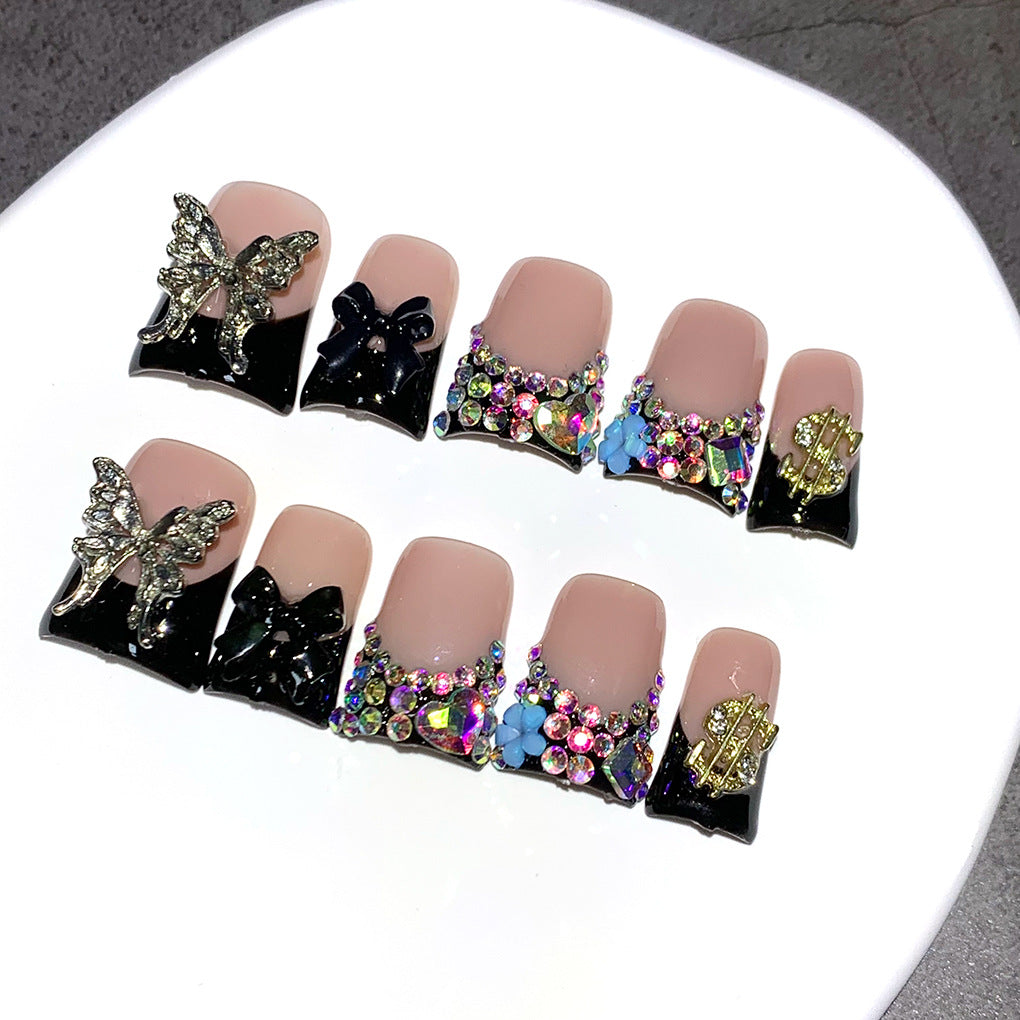 Black Butterfly Crystal French Press On Nails