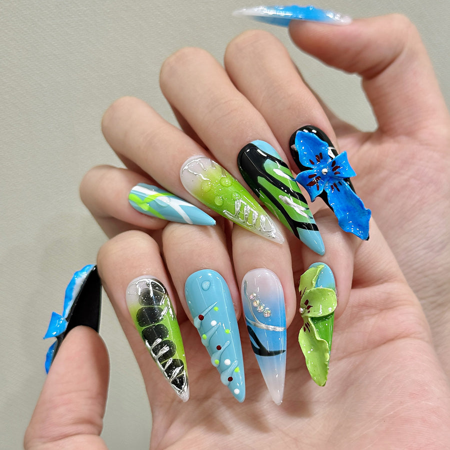365nails: "Neon Abyss" – 3D Cross & Airbrush Handmade Stiletto Nails