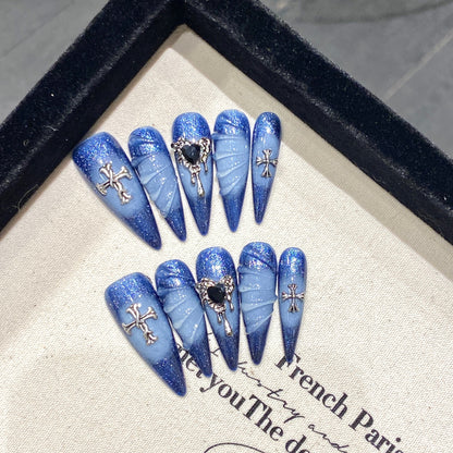Temperament white blue ocean hot Internet celebrity handmade press on nails wear Spice girl nail art fake nails sticker nail art | 365nails