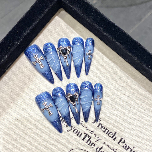Temperament white blue ocean hot Internet celebrity handmade press on nails wear Spice girl nail art fake nails sticker nail art | 365nails