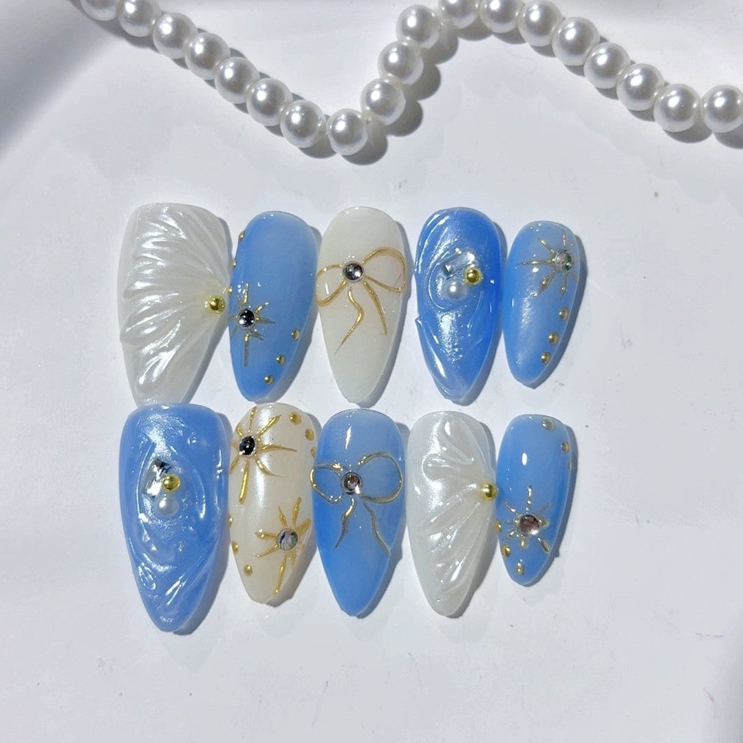 365nails: "Oceanic Bow & Shell" – Medium Almond Blue-White Marine Handmade Press-On Nails