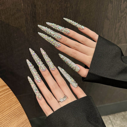 extra long pure handmade nails bursts full of diamonds, light luxury nail art, fake nails, and advanced nail wear | 365nails