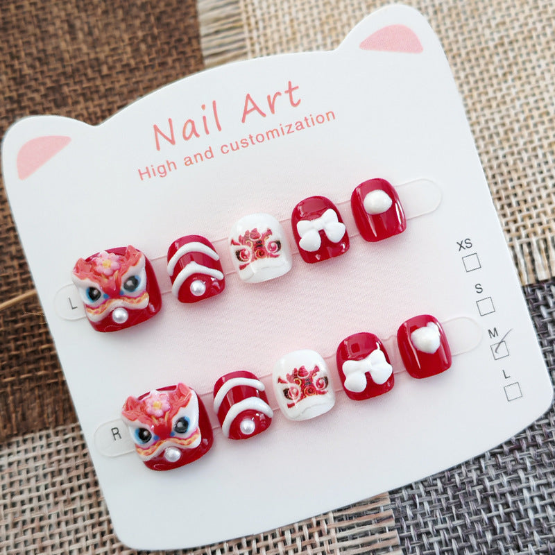 365Nails: "Auspicious Lion Dance" – Handmade Cute Short Oval Press On Nails With Chinese Lion Dance Design