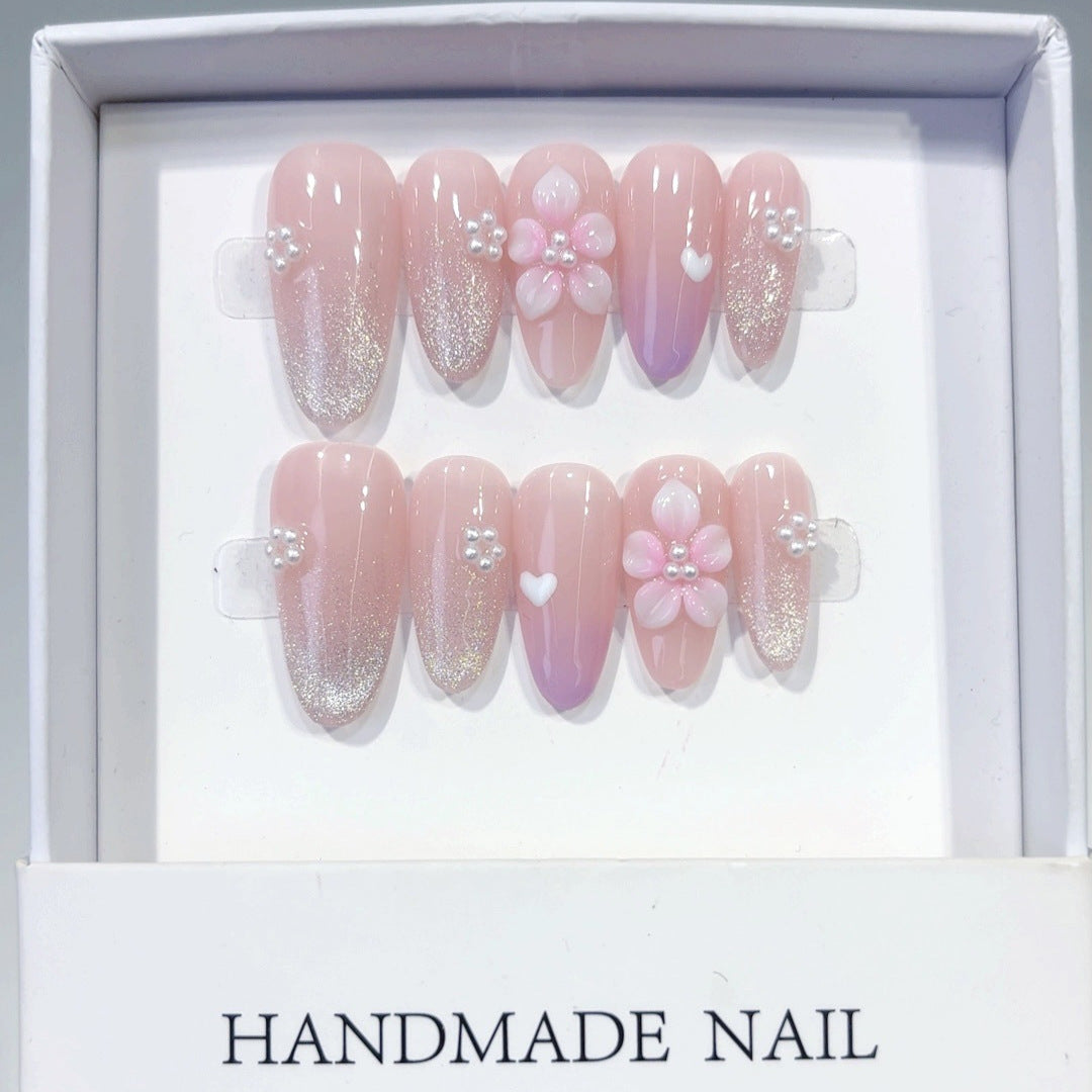 Lueur Sakura : « Fleur Rose et Paillettes » – Ongles press-on forme amande