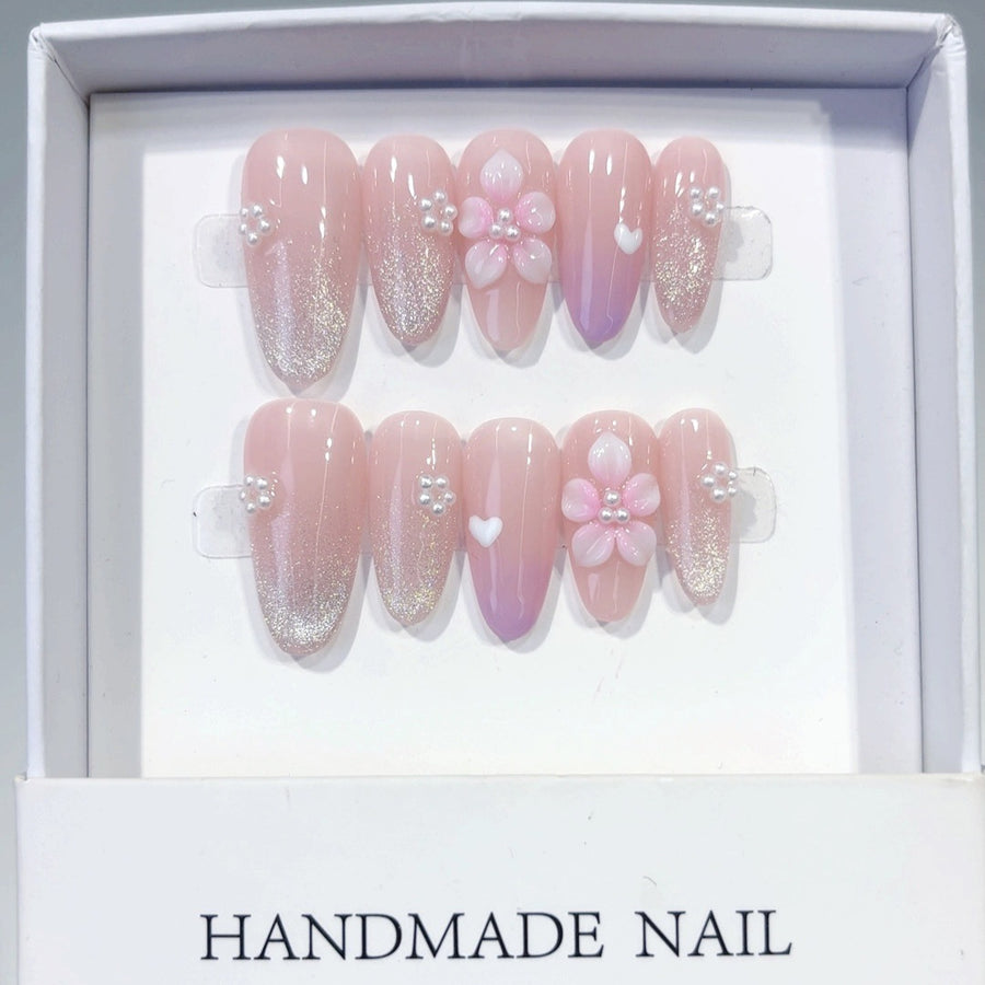 Sakura Glow: "Pink Flower & Glitter" – Almond Press-On Nails
