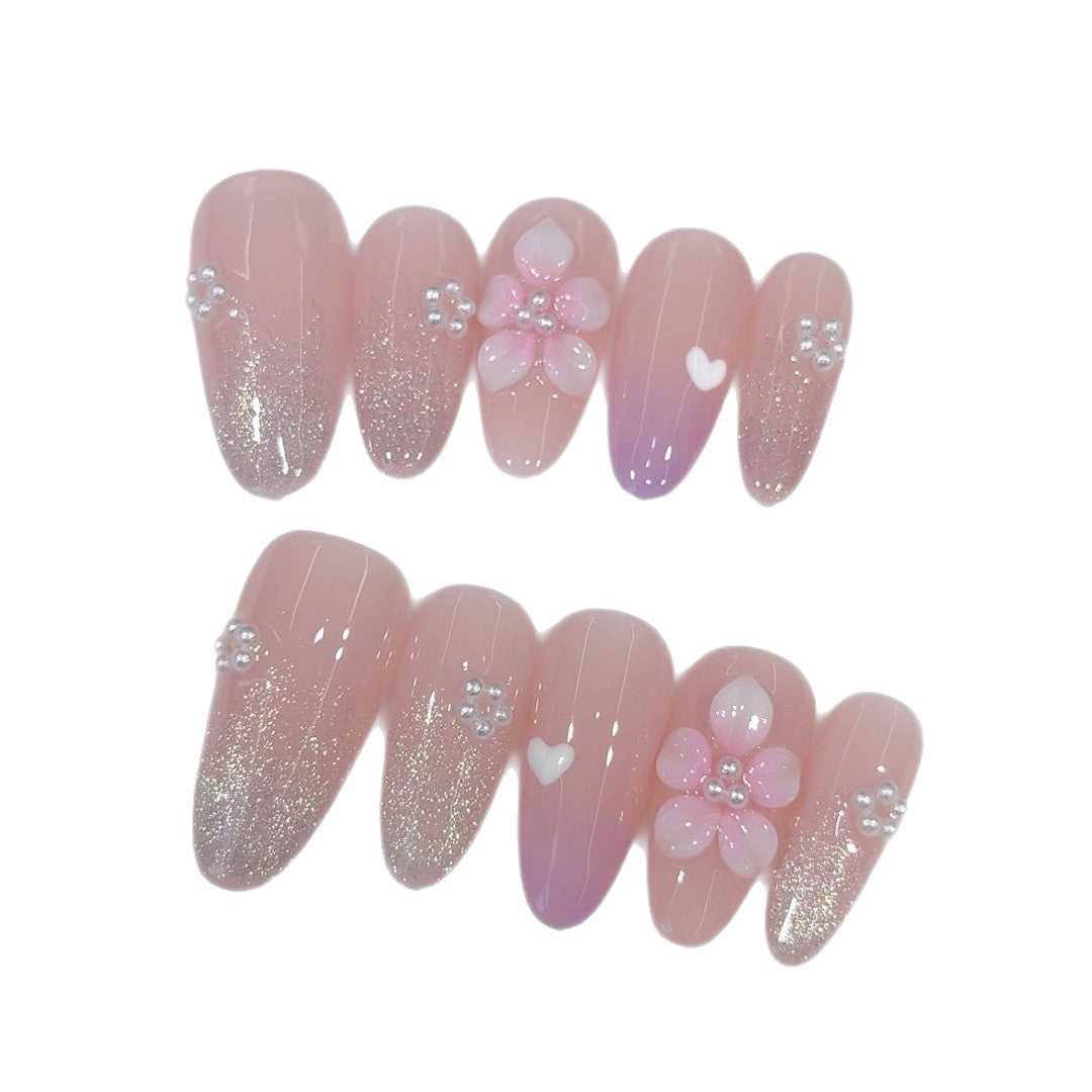 Lueur Sakura : « Fleur Rose et Paillettes » – Ongles press-on forme amande