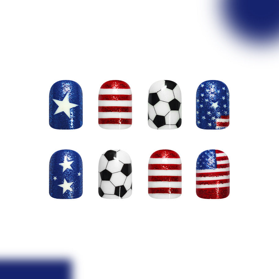 Unhas Postiças Copa do Mundo EUA Estrelas e Listras Torcedor de Futebol (Glitter/24pçs/Quadrada Curta)