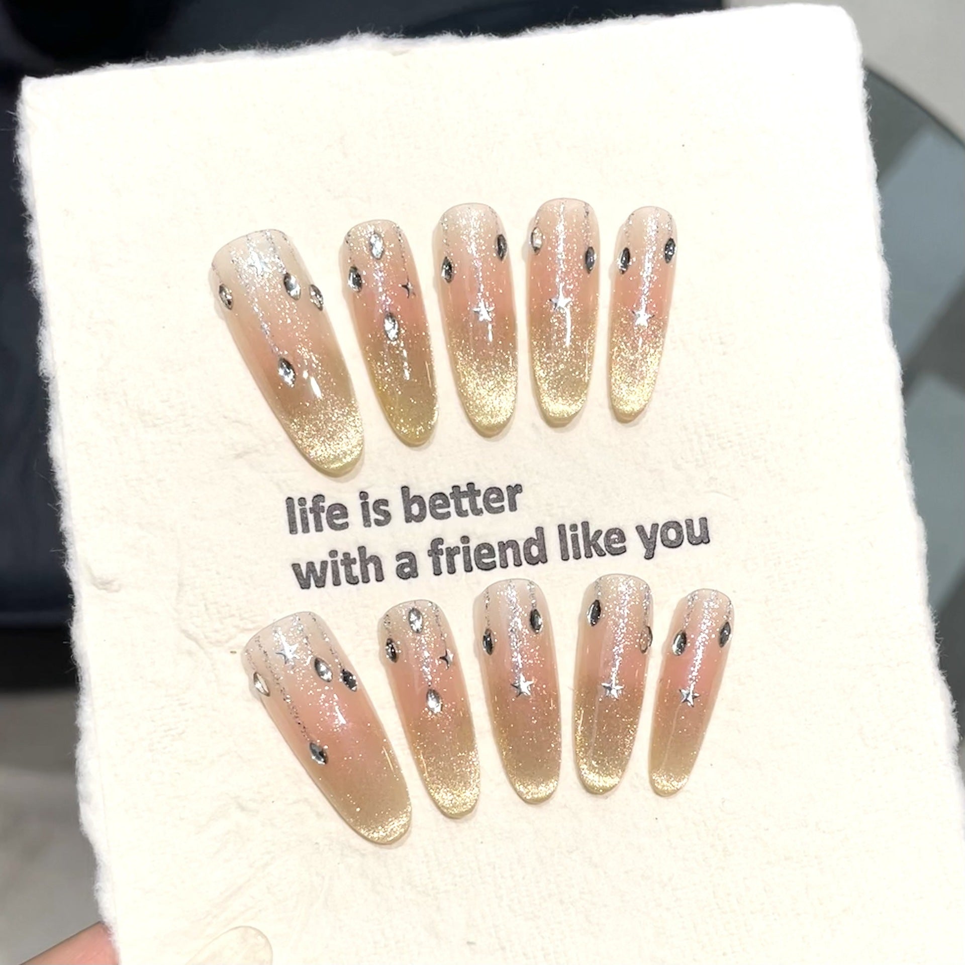 365nails: "Golden Hour" – Glitter Ombré & Silver Flake Handmade Long Coffin Nails