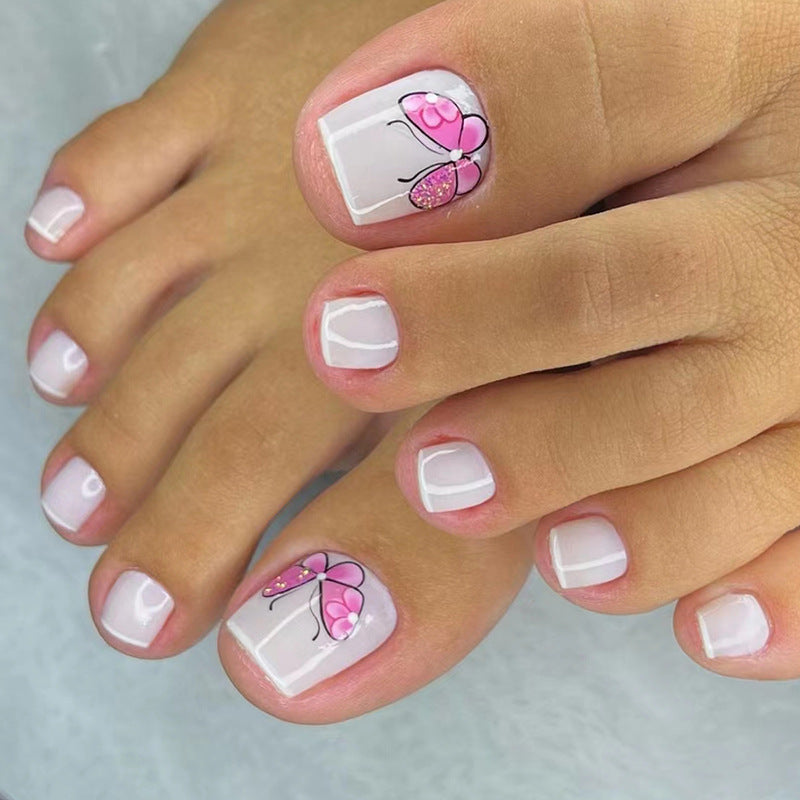 Manicura francesa simple y pura en blanco, linda y sencilla con mariposa rosa, uñas postizas postizas terminadas, uñas postizas, uñas postizas, pieza de uña｜365nails