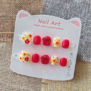 365nails: "retro red floral" – unhas postiças redondas curtas artesanais infantis