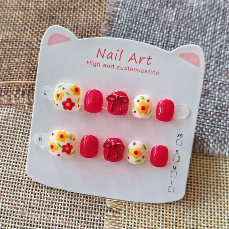 365nails: "retro red floral" – short round handmade kids press-on nails