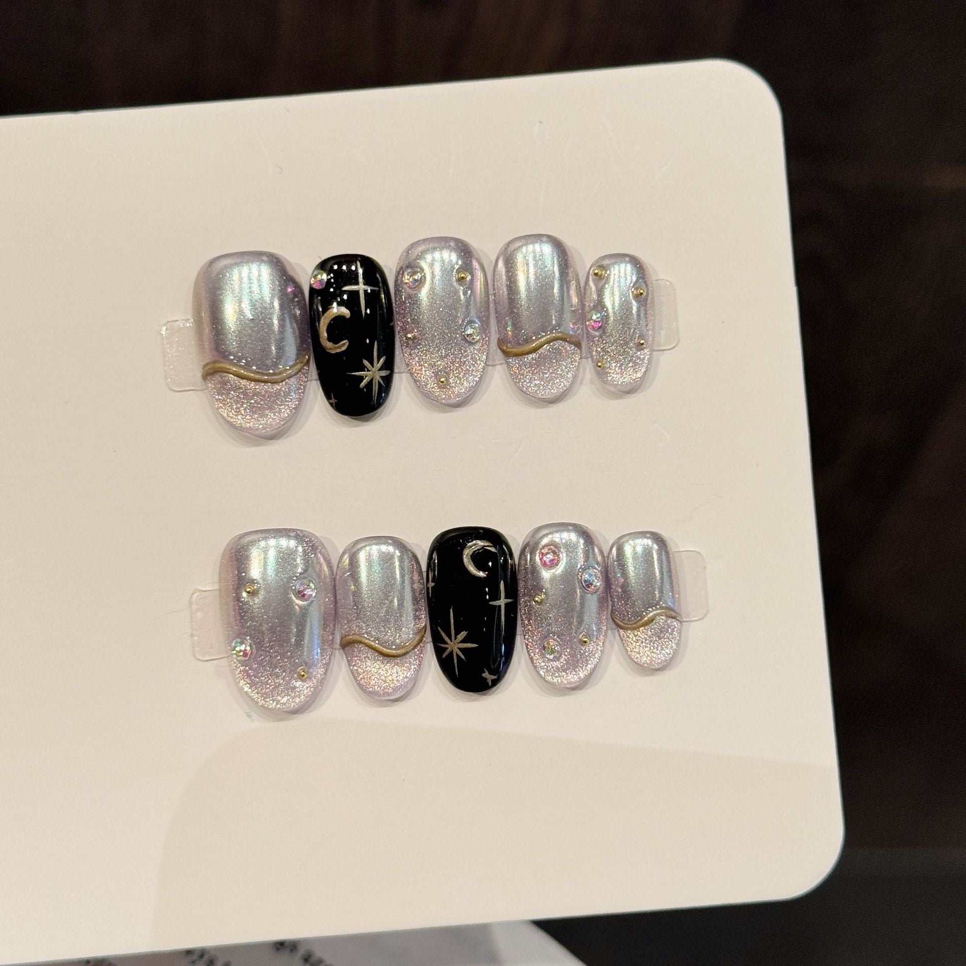 Iridescent Silver Moon Star Press On Nails