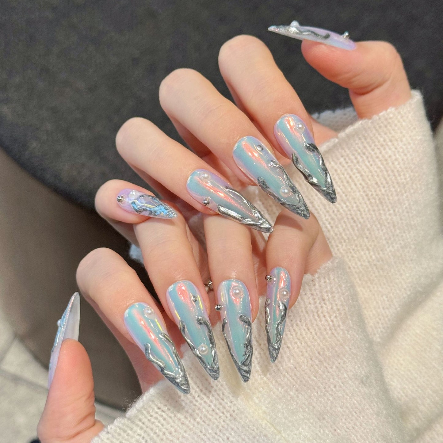 Iridescent Ice Blue Silver Long Press On Nails