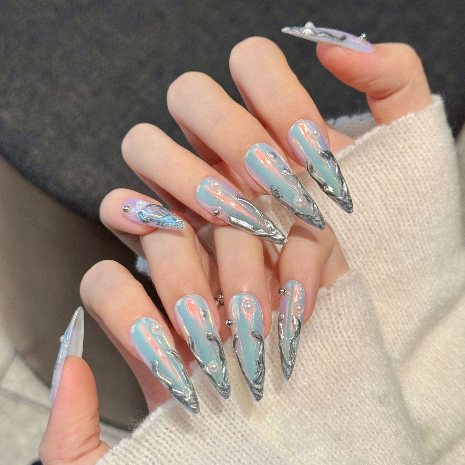 Iridescent Ice Blue Silver Long Press On Nails