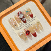 Red and Clear Christmas Press‑On Nails – Crystal Gift & Tree Elegant Design