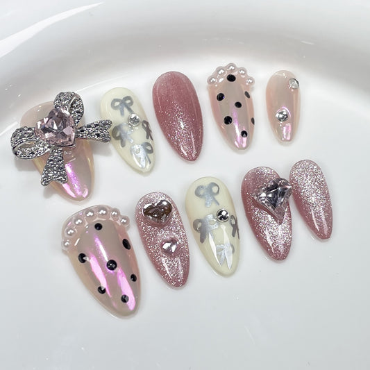 Handmade press on nails sweet and cute aurora nail patch hand-painted bow  almond nail  nail art｜365nails