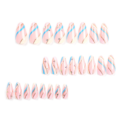 Color striped wear nail piece Golden glitter corrugated nail art point drill Almond nail false nail false nail｜365nails