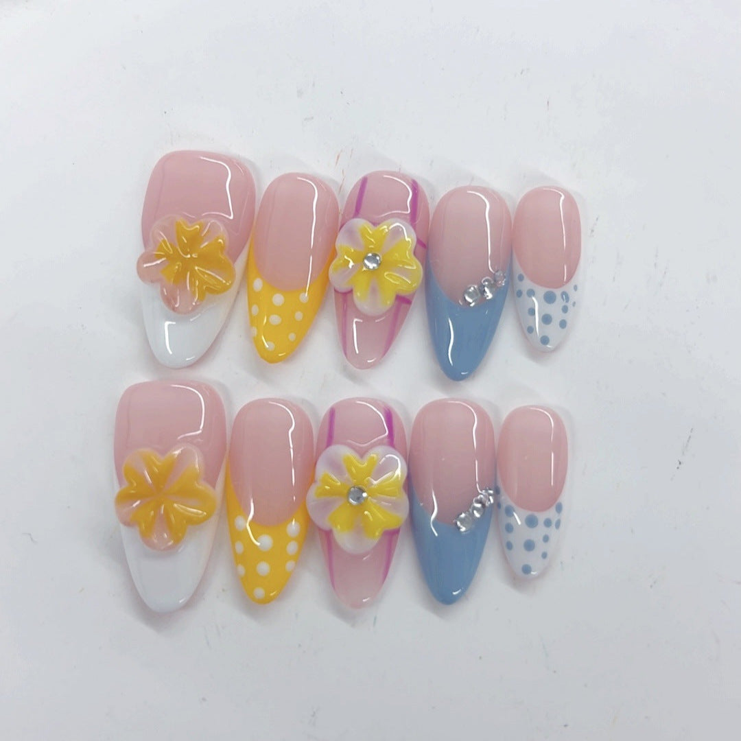 Sweet Pastel: "Rainbow Floral Dots" – Postiças Feitas à Mão, Amêndoa Média, Multicoloridas