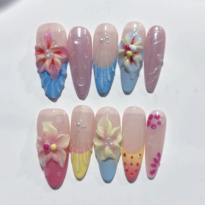 Tropical Bloom: "Exotic Petal" – Medium Almond Handmade Press On Nails
