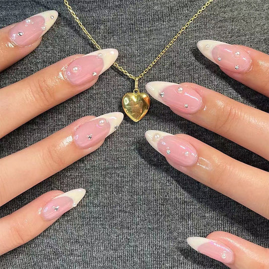 Wear Nail White French Nail Art Rhinestone Pearl Nail Art Tablet Removable Nail Film Fake Nail Tablet Wear Nail Art｜365nails