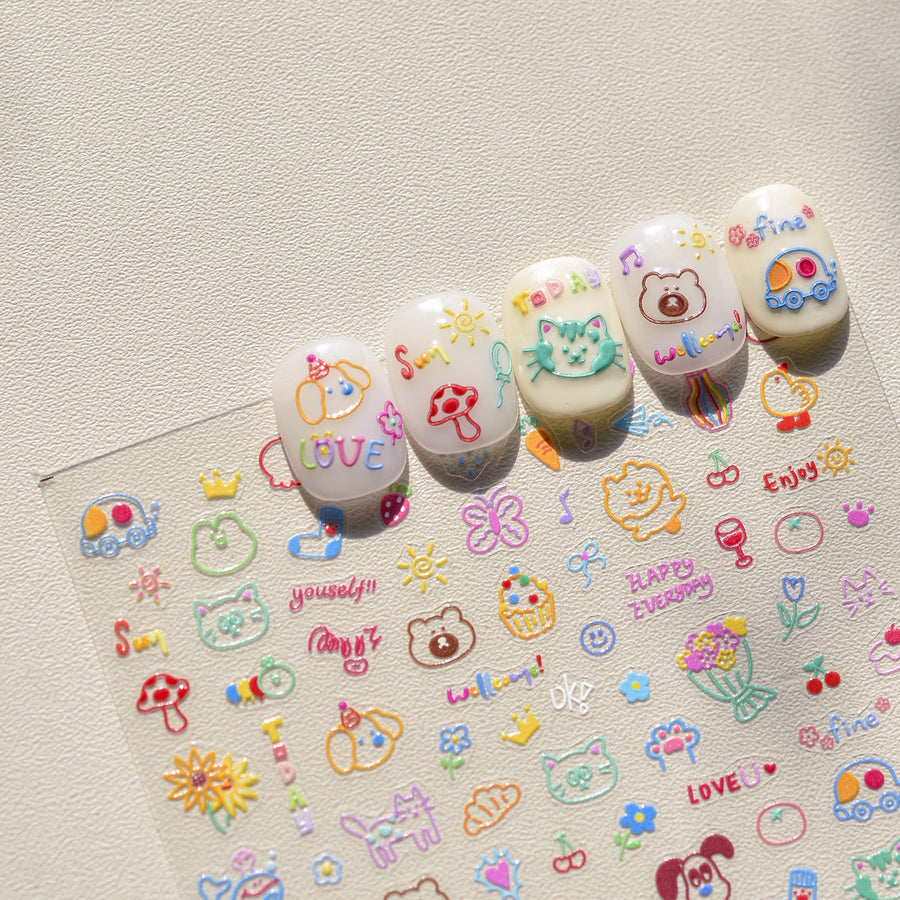 Cute Retro Bunny & Bear: "Vintage Toy Box" – 5D Embossed Nail Sticker
