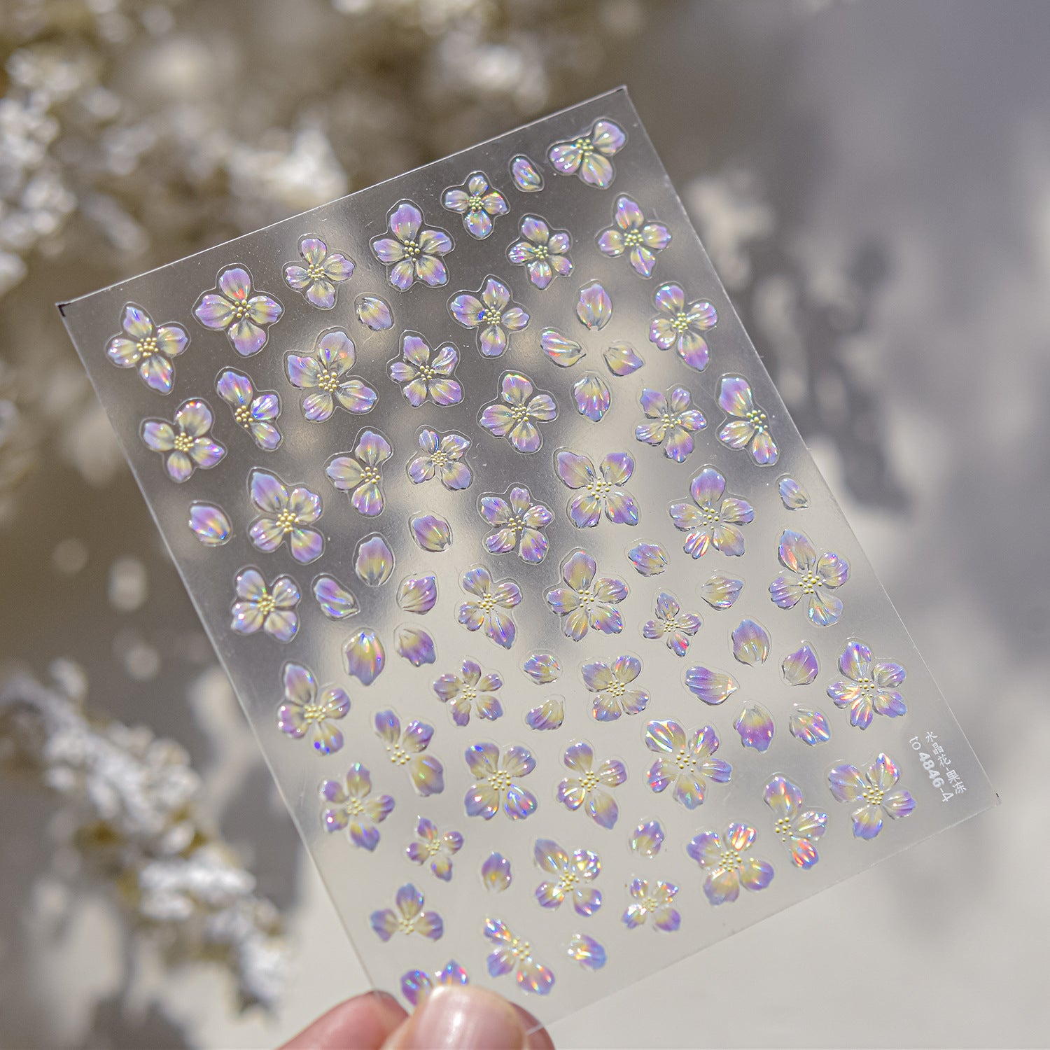 Iridescent  Embossed Flower Nail Stickers – Translucent Petal Set