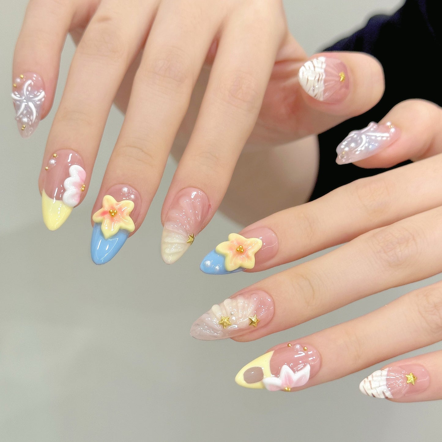 Tropical Flower Shell Texture Summer Press On Nails