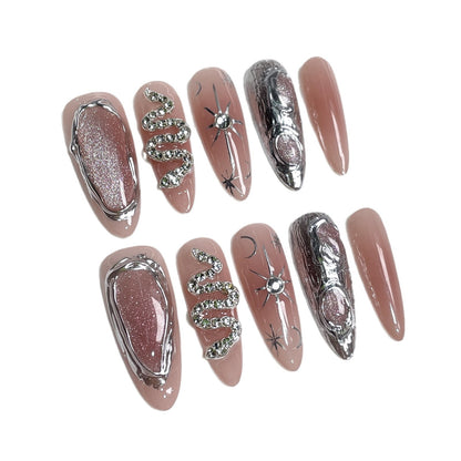 Handmade press on nails Sweet Cool Spice Girl Blush Nail Embossed cat eye Long ｜365nails