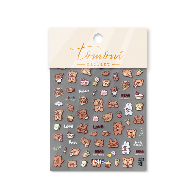 Chocolate Teddy Bear Nail Stickers – 5D Embossed Sweet Checkerboard Set