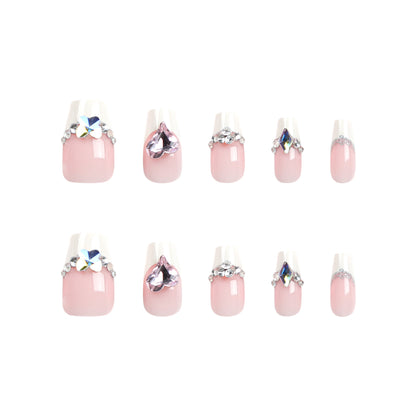 Unhas francesas com flash de diamantes explosivos, adesivos de unha removíveis e usáveis, arte de unhas falsas ｜365nails