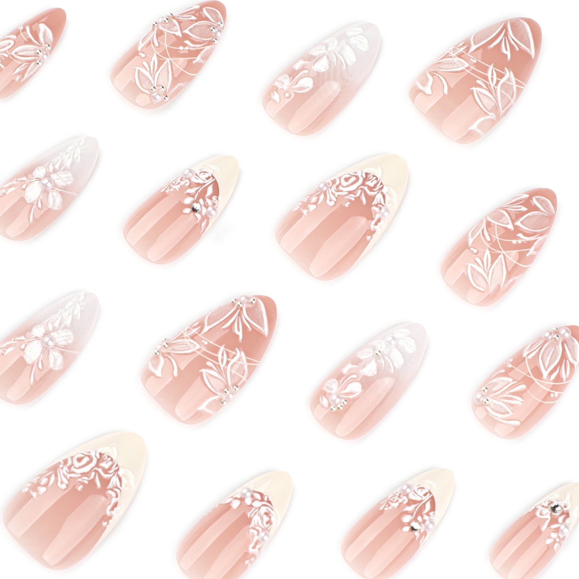 White Floral Embossed Sheer Pink Press On Nails