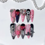 Pink Black Gothic Heart Crystal Statement Press On Nails