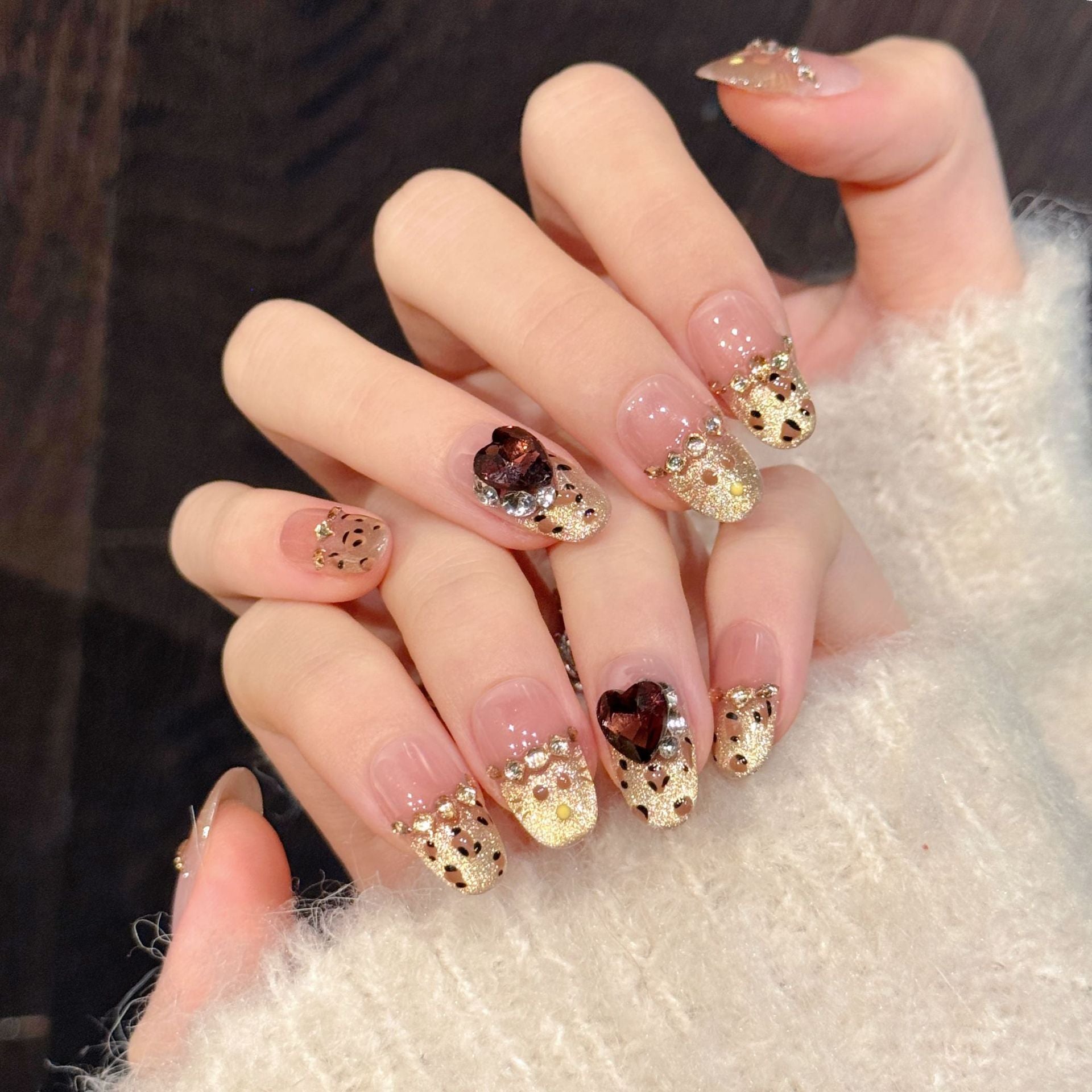 365nails: "Golden Hour" – 3D Heart & Sequin Embellished Cat-Eye Handmade Short Almond Nails