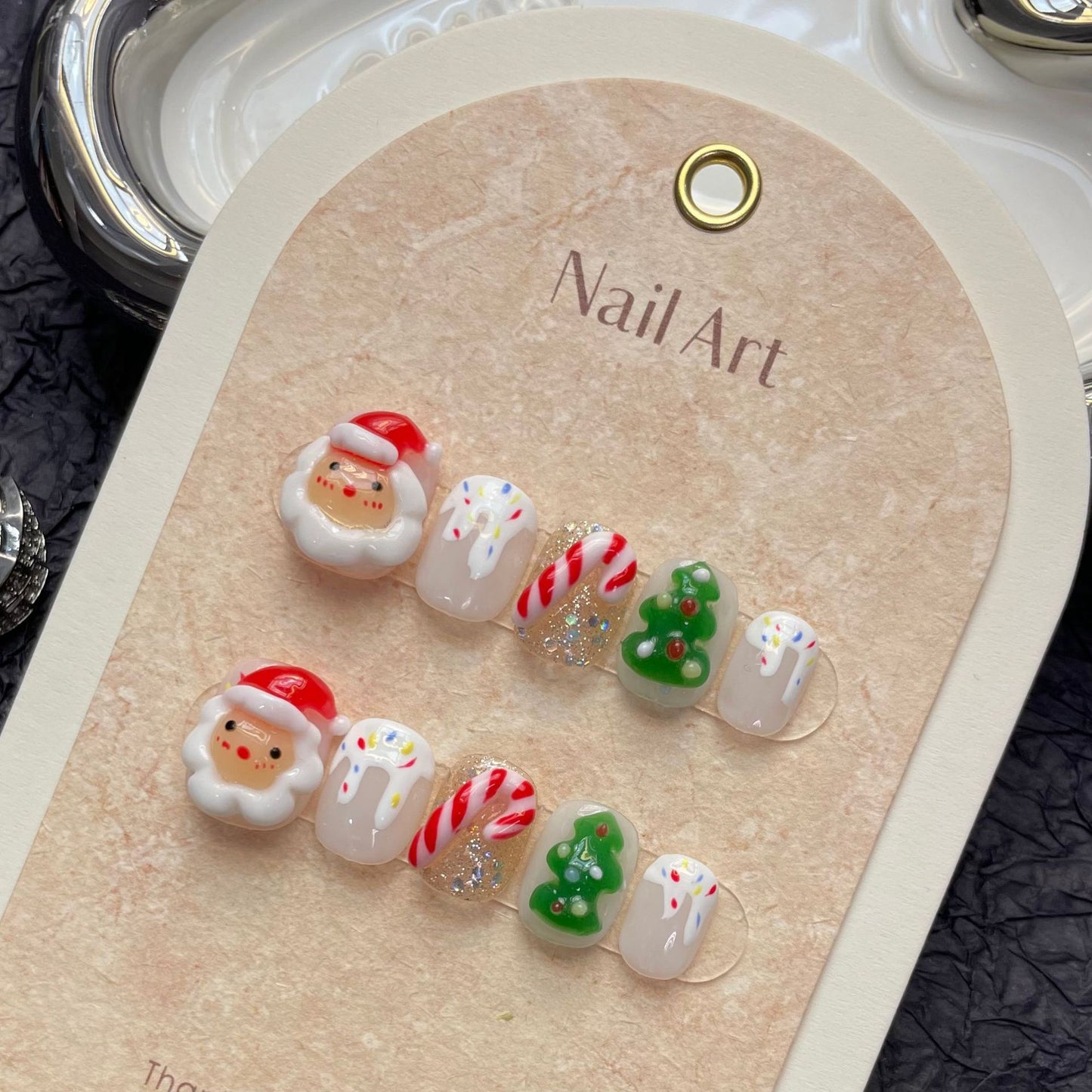 Santa and Christmas Tree Press‑On Nails – Candy Cane Cute Holiday Design