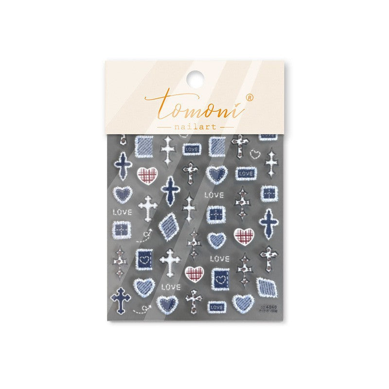 Denim Teddy Collection: "Denim Teddy & Cherry" – 3D Embossed Nail Sticker