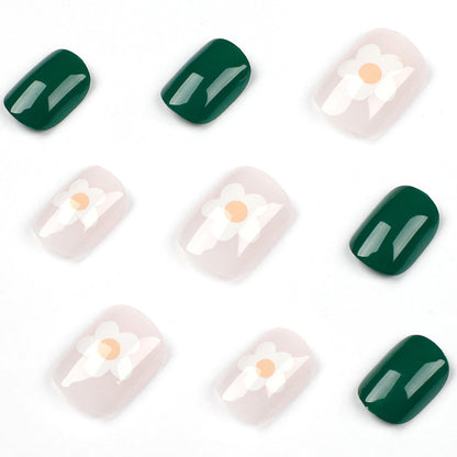 press on nails Simple and Fresh Green nails Patch White Flower Detachable nails Patch press on nails Finished Product｜365nails