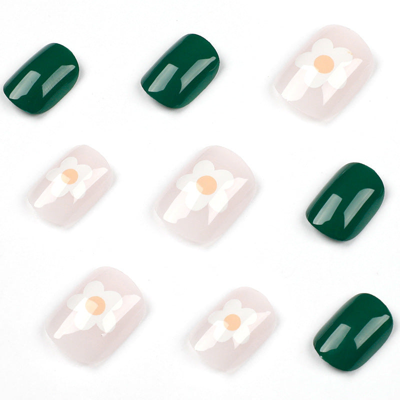 穿戴甲｜簡約清新綠色甲片 白花 可拆卸 成品｜365nails