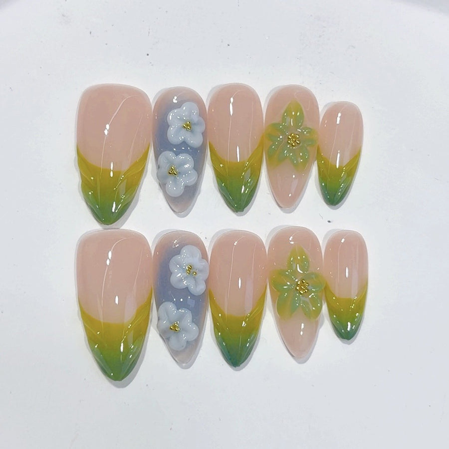 Fresh Green Floral Series: "Spring Bud Bloom" – Almond Handmade Press-on Nails