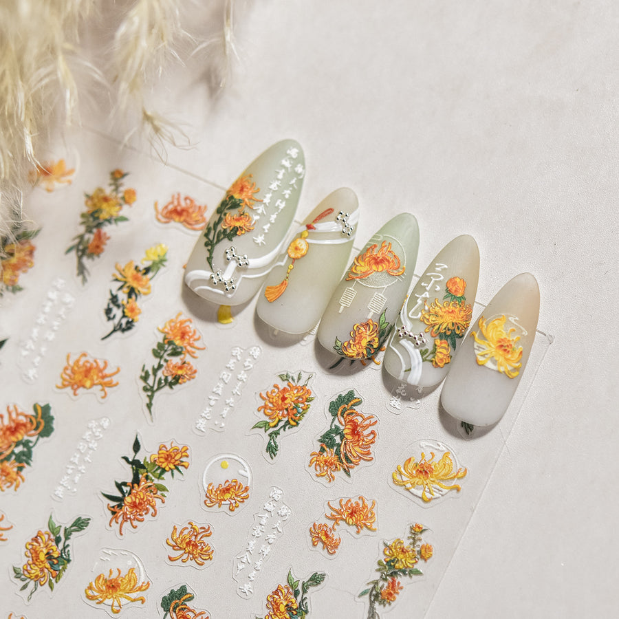 Golden Chrysanthemum: "Elegant Autumn Chrysanthemum" – 5D Embossed Nail Sticker